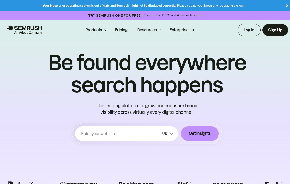 Semrush AI SEO tool dashboard and homepage