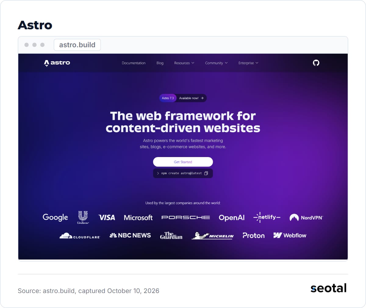 Astro homepage with the headline The web framework for content-driven websites and the npm create astro command