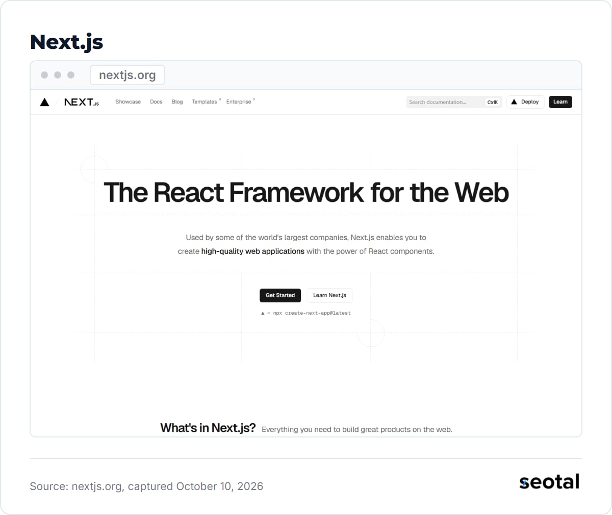 Next.js homepage with the headline The React Framework for the Web and the create next app command