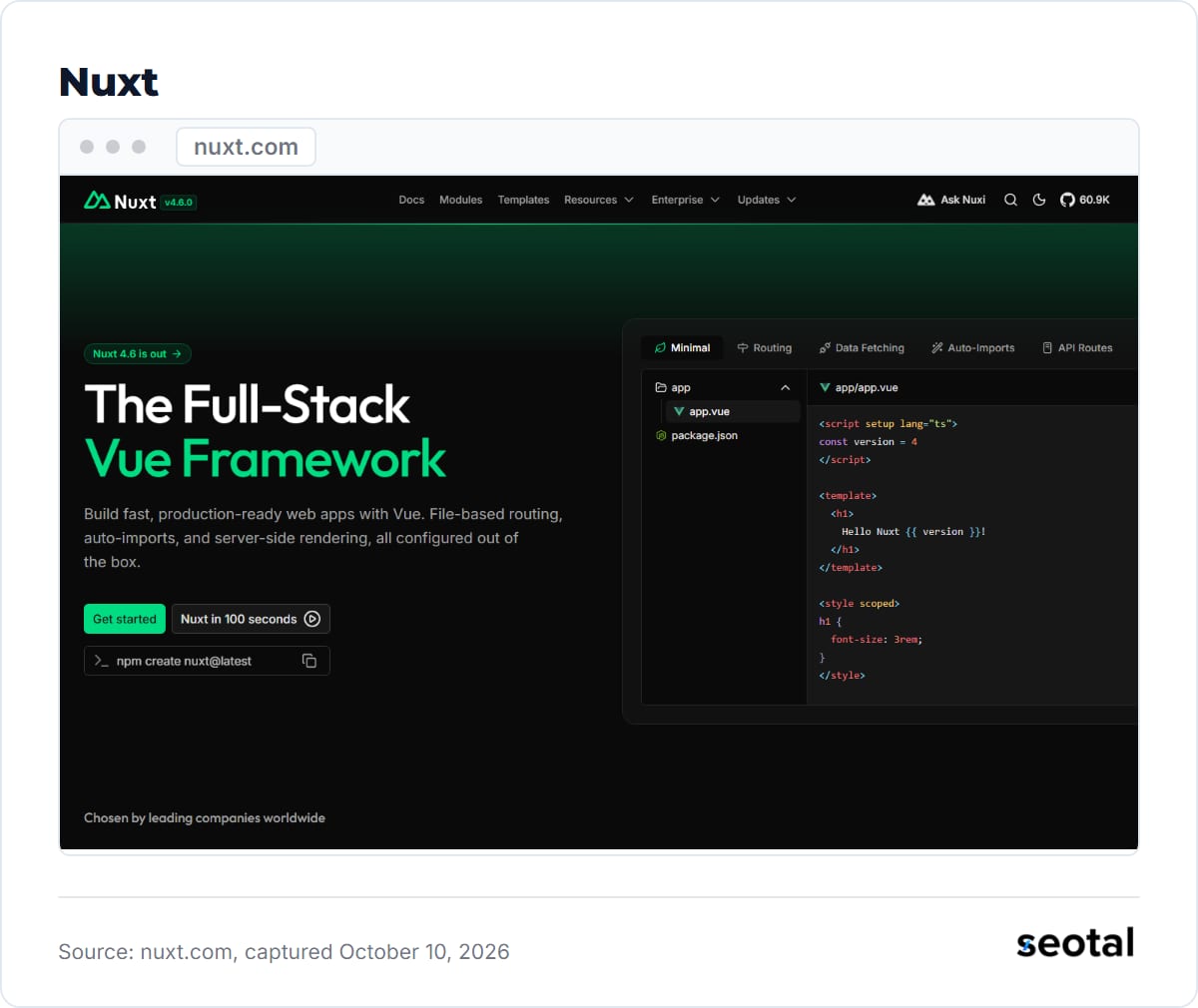Nuxt homepage with the headline The Full-Stack Vue Framework and a code sample