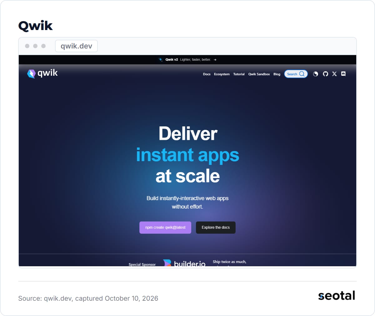 Qwik homepage with the headline Deliver instant apps at scale and a banner announcing Qwik v2