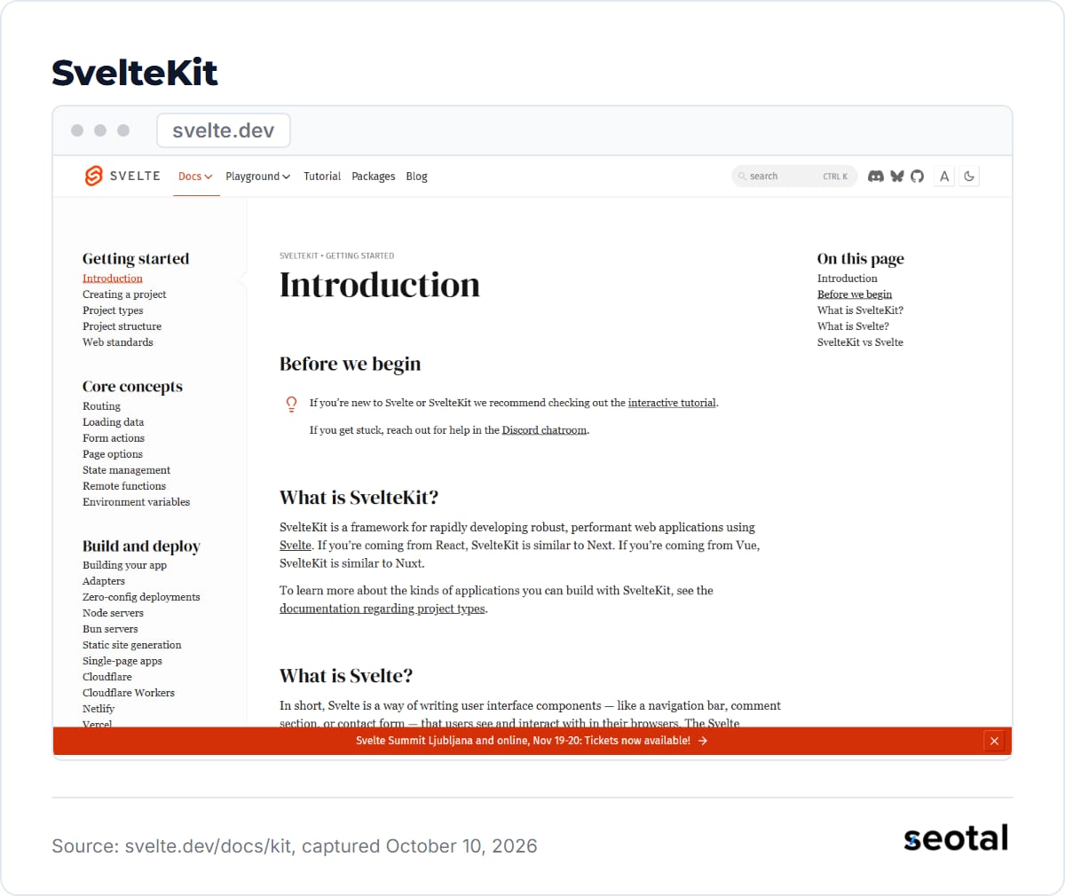 SvelteKit documentation introduction page on svelte.dev with the Getting started sidebar