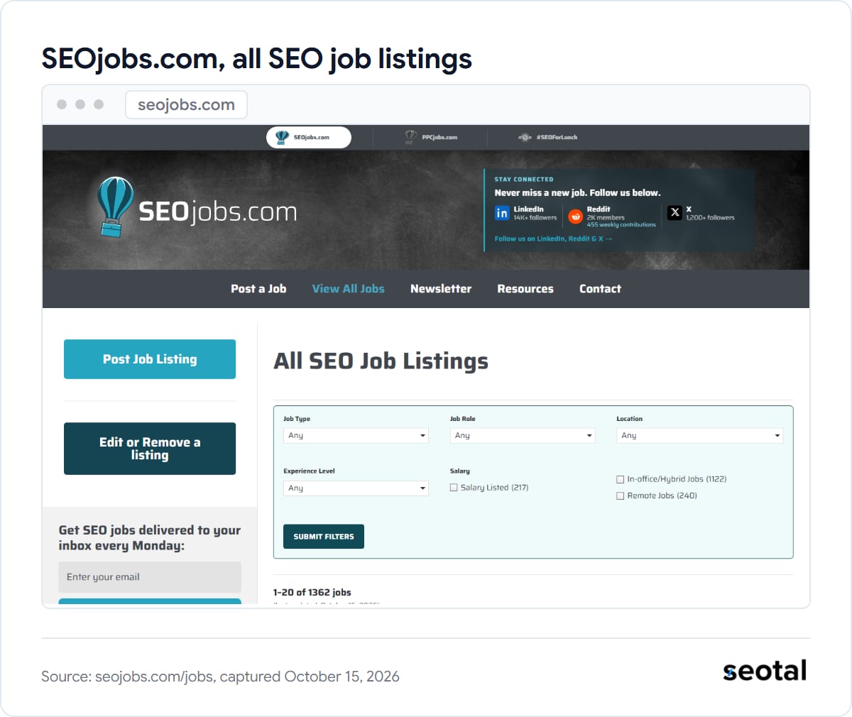 SEOjobs.com All SEO Job Listings page with filters for job type, role, location, experience and salary, showing 1,362 jobs
