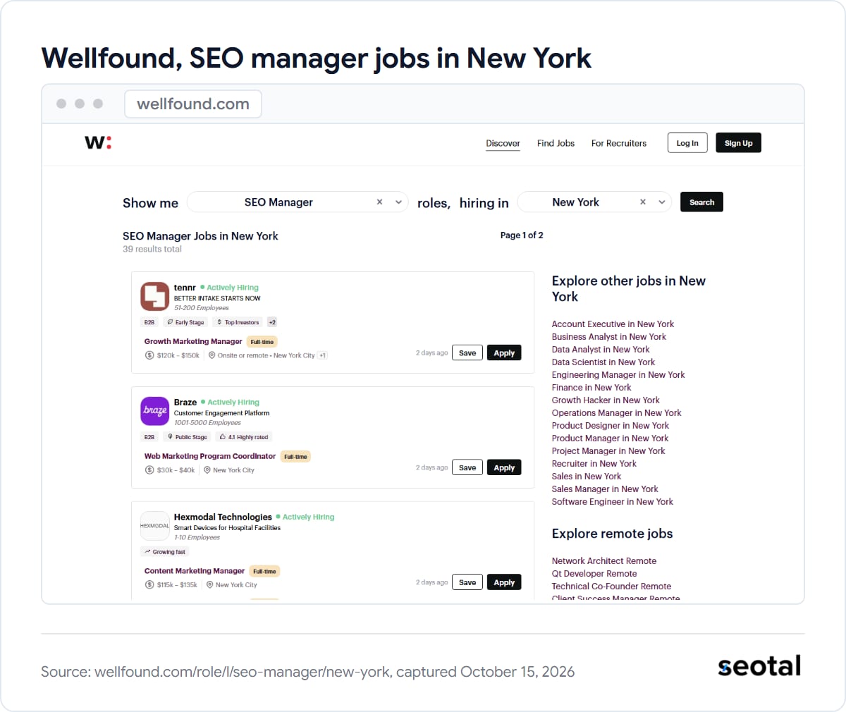 Wellfound SEO Manager jobs in New York, 39 results, with salary ranges such as $120k to $150k
