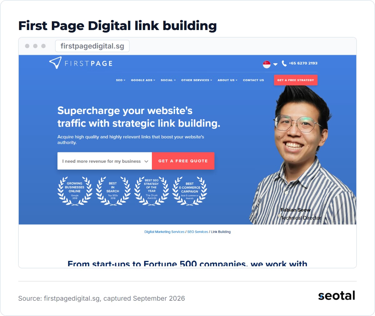 First Page Digital link building page at firstpagedigital.sg, captured September 2026