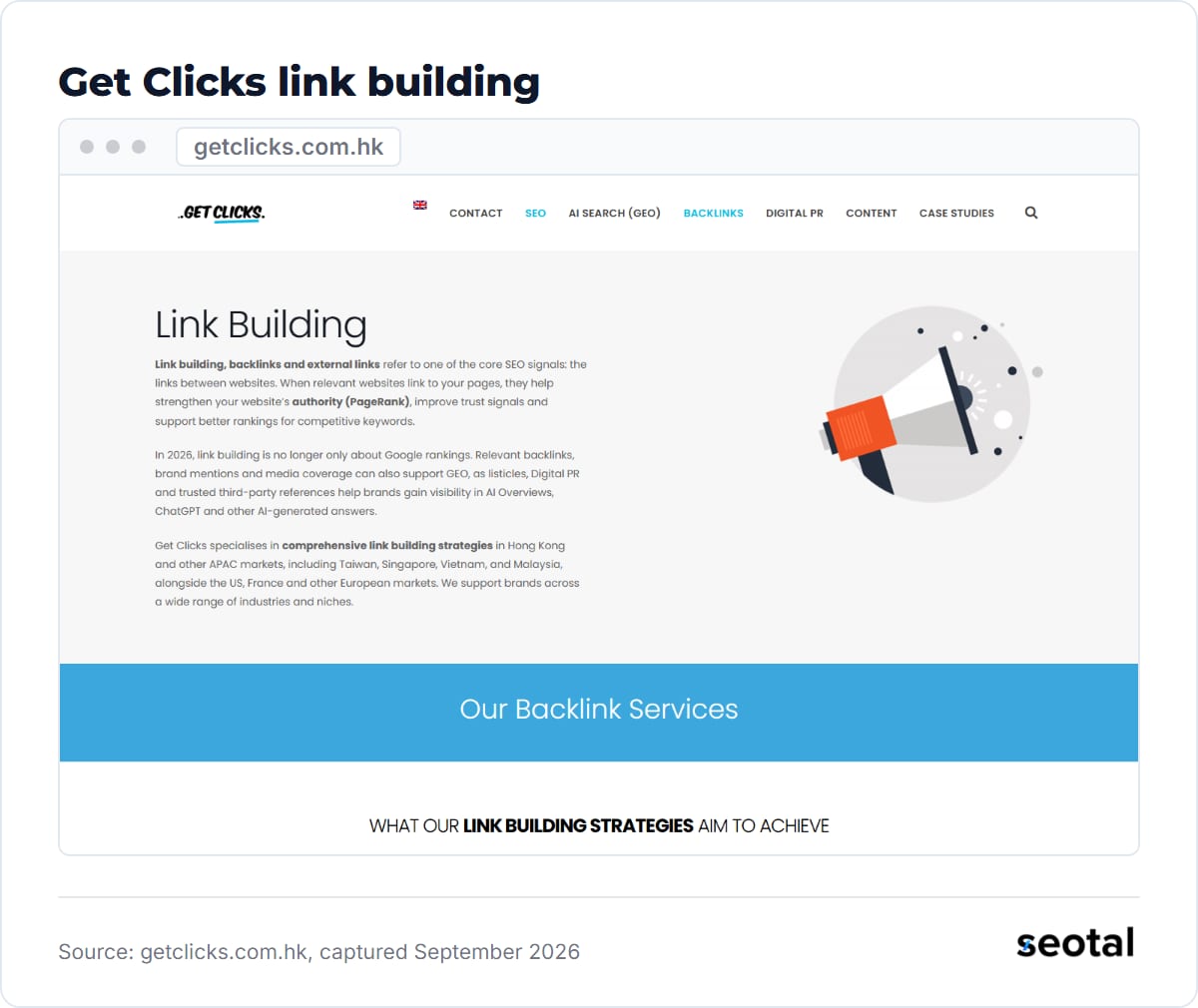Get Clicks link building page at getclicks.com.hk, captured September 2026