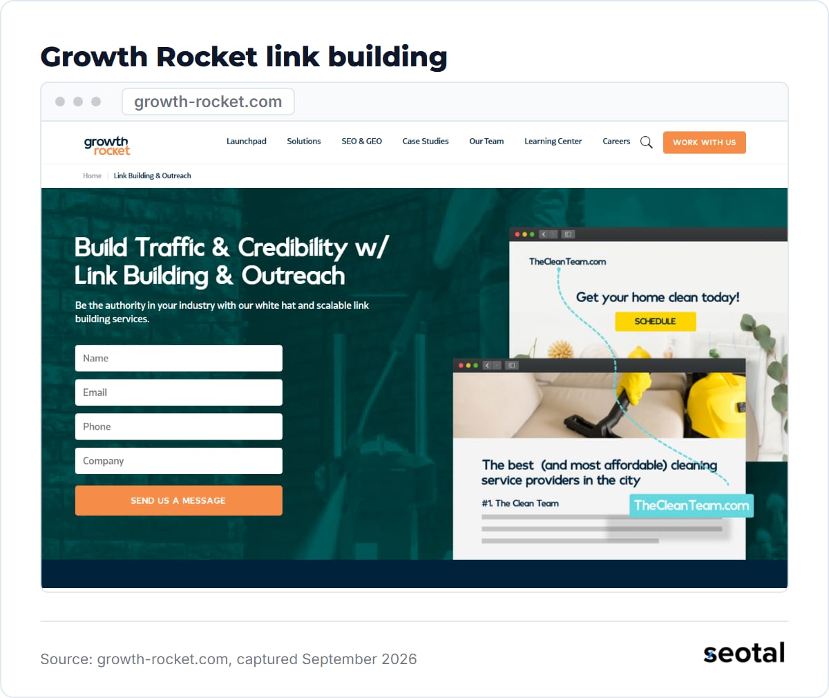 Growth Rocket link building and outreach page at growth-rocket.com, captured September 2026
