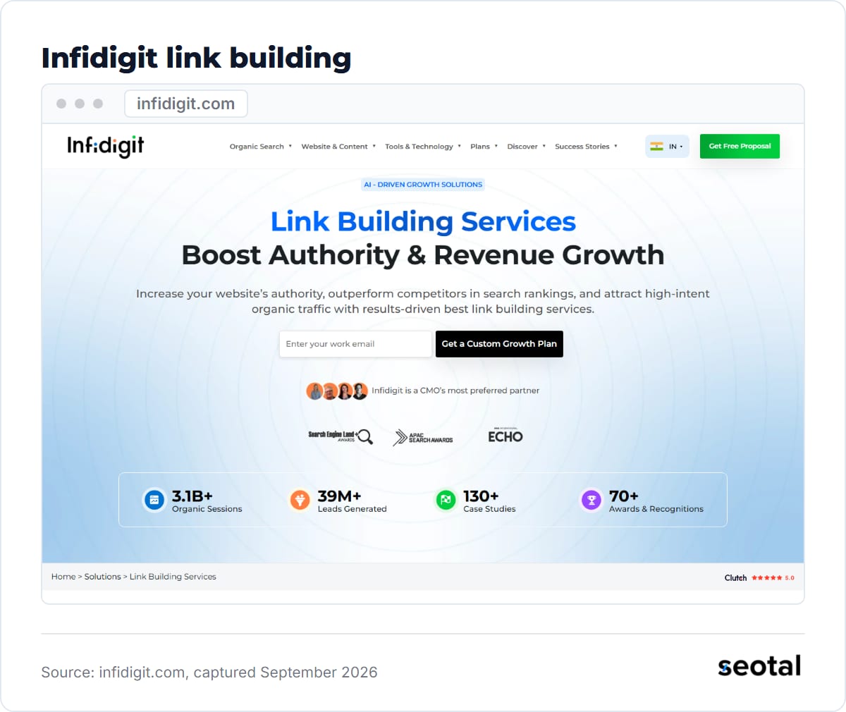Infidigit link building services page at infidigit.com, captured September 2026