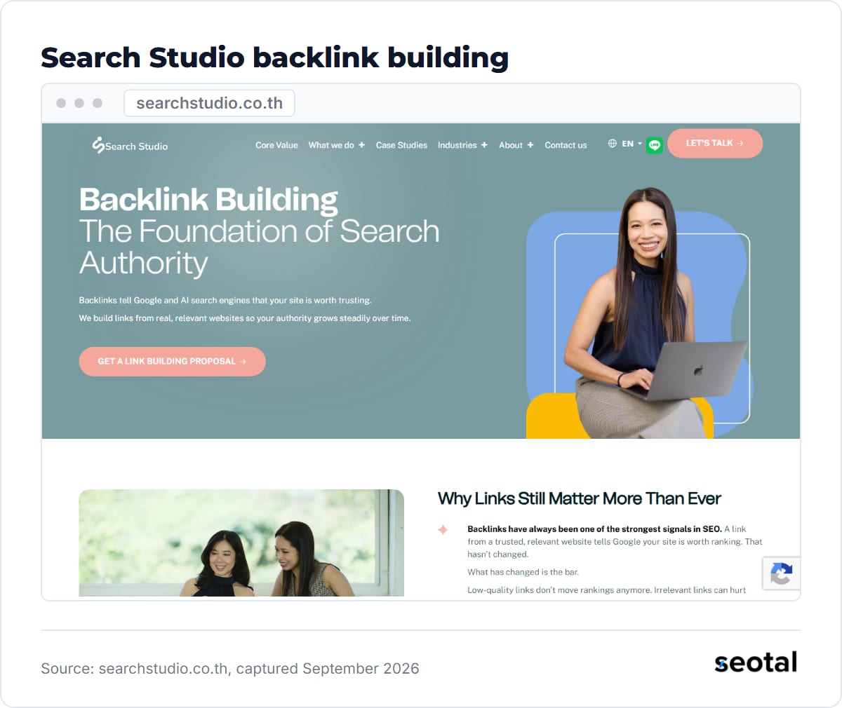 Search Studio backlink building page at searchstudio.co.th, captured September 2026