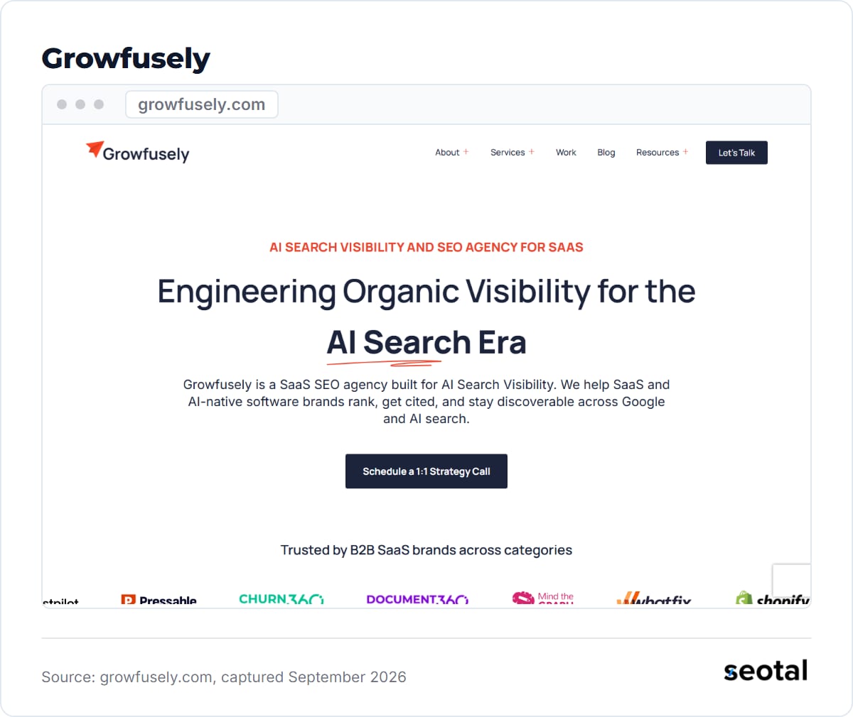 Growfusely homepage headline Engineering Organic Visibility for the AI Search Era, describing itself as a SaaS SEO agency built for AI search visibility