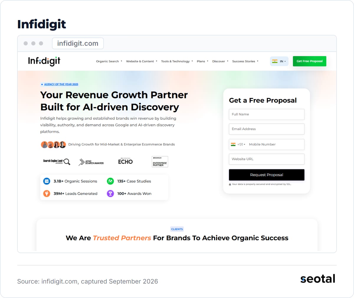 Infidigit homepage headline Your Revenue Growth Partner Built for AI driven Discovery, with an Agency of the Year 2025 tag and a Get a Free Proposal form