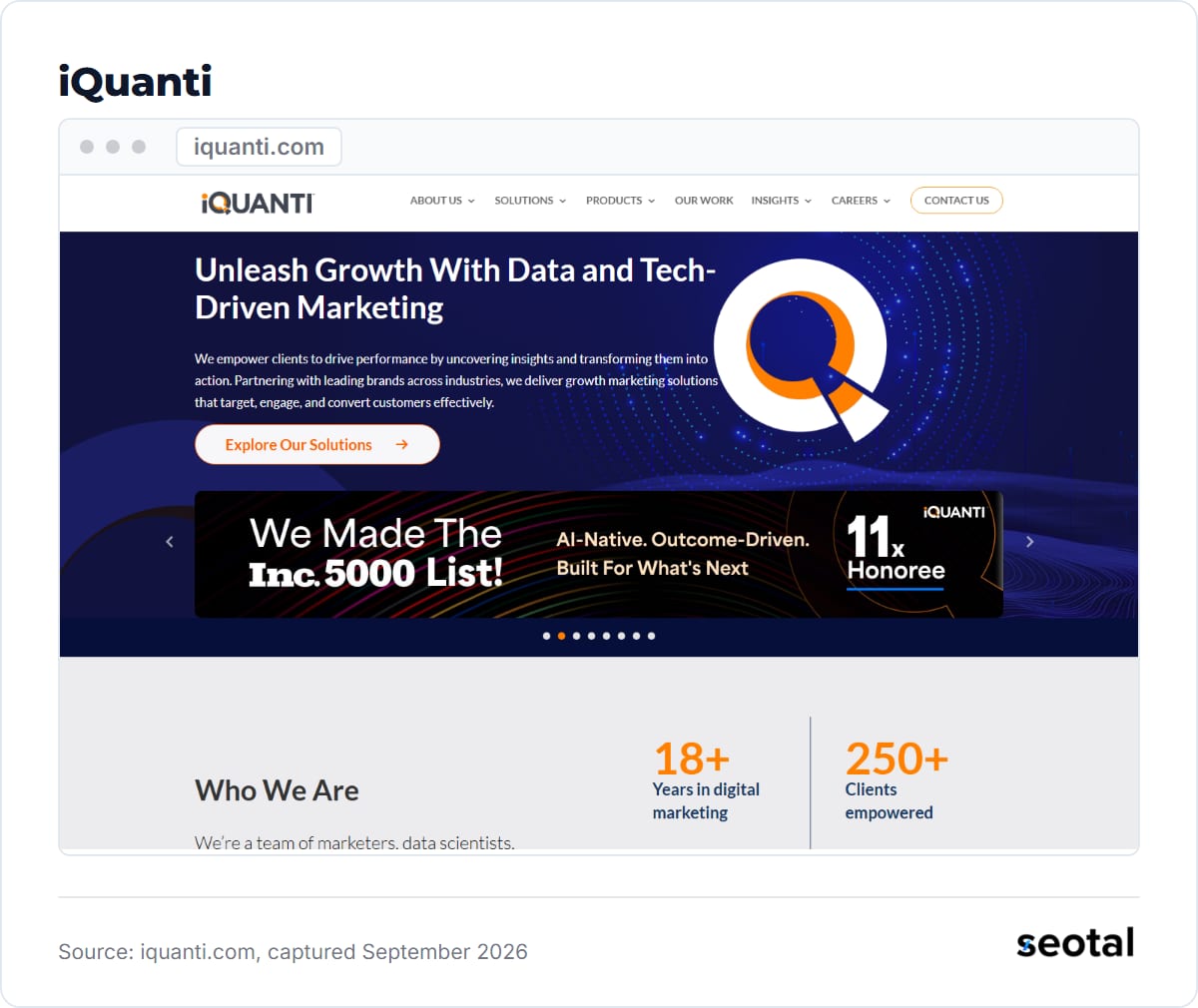 iQuanti homepage headline Unleash Growth With Data and Tech Driven Marketing, with a banner saying it made the Inc. 5000 list 11 times
