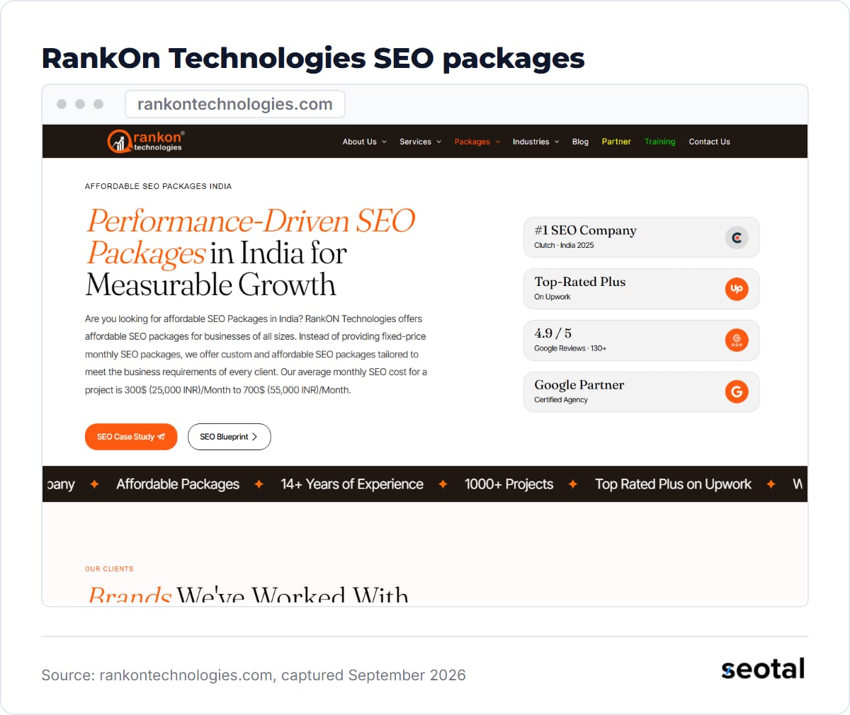 RankOn Technologies packages page headline Performance Driven SEO Packages in India for Measurable Growth, quoting an average monthly SEO cost of $300 to $700