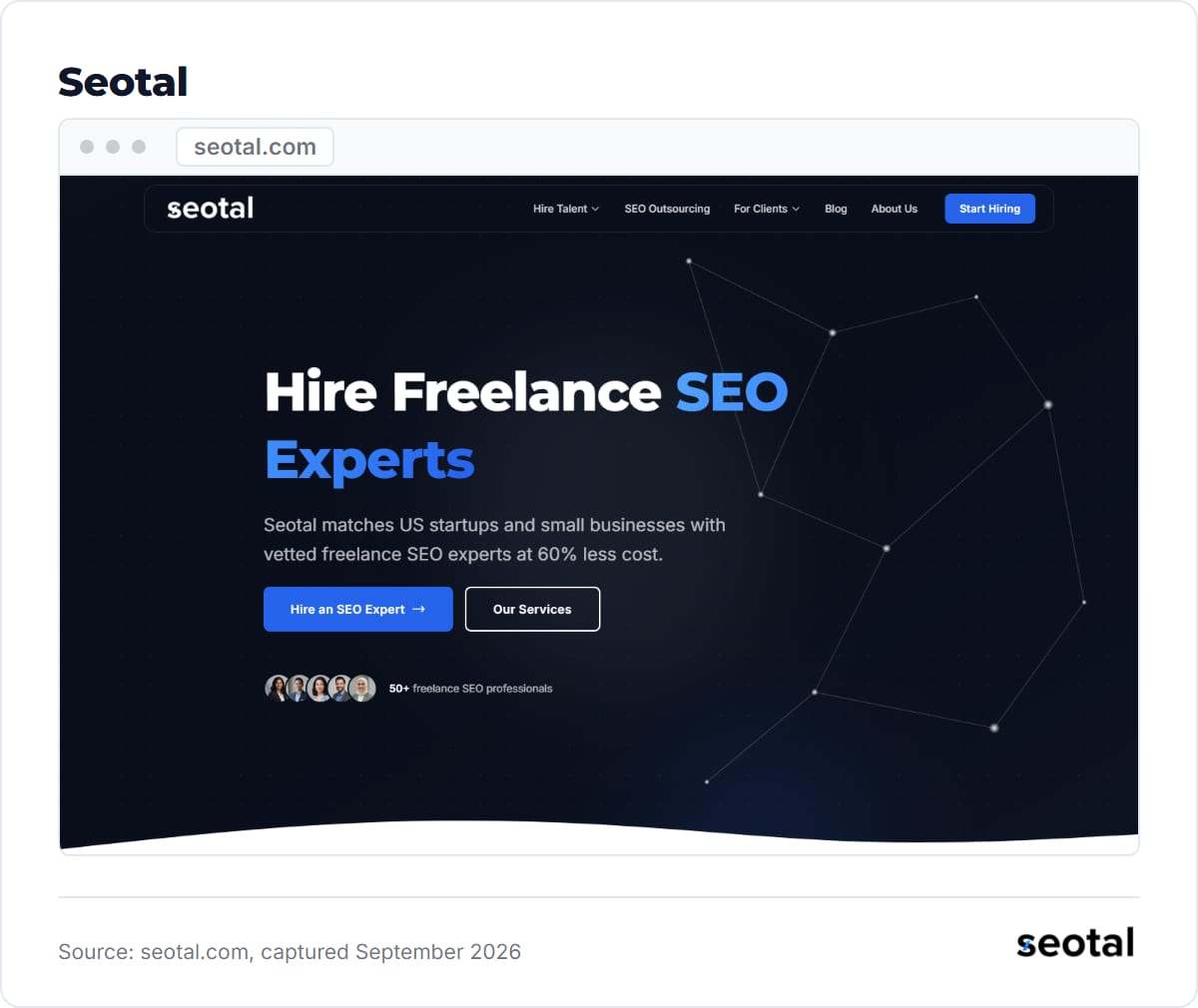 Seotal homepage headline Hire Freelance SEO Experts, saying Seotal matches US startups and small businesses with vetted freelance SEO experts