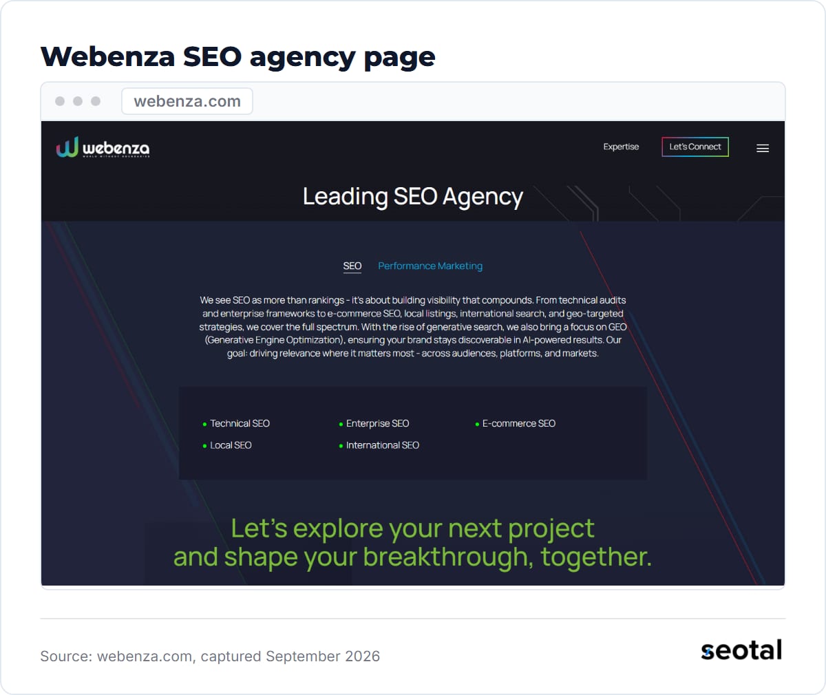 Webenza SEO page headline Leading SEO Agency listing Technical SEO, Enterprise SEO, E-commerce SEO, Local SEO and International SEO
