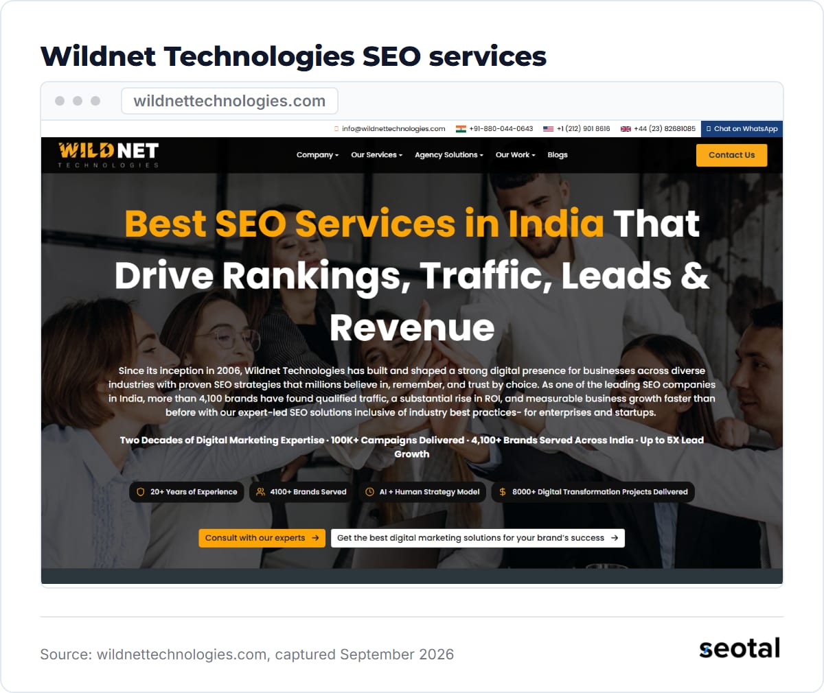 Wildnet Technologies SEO page headline Best SEO Services in India That Drive Rankings, Traffic, Leads and Revenue, citing its start in 2006 and 4,100+ brands served