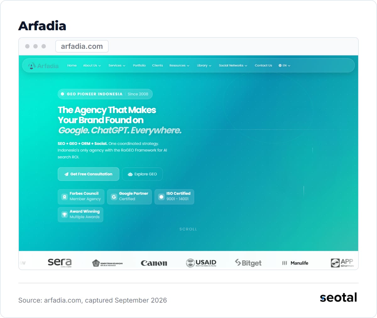 Arfadia homepage headline The Agency That Makes Your Brand Found on Google, ChatGPT, Everywhere with a Since 2008 badge