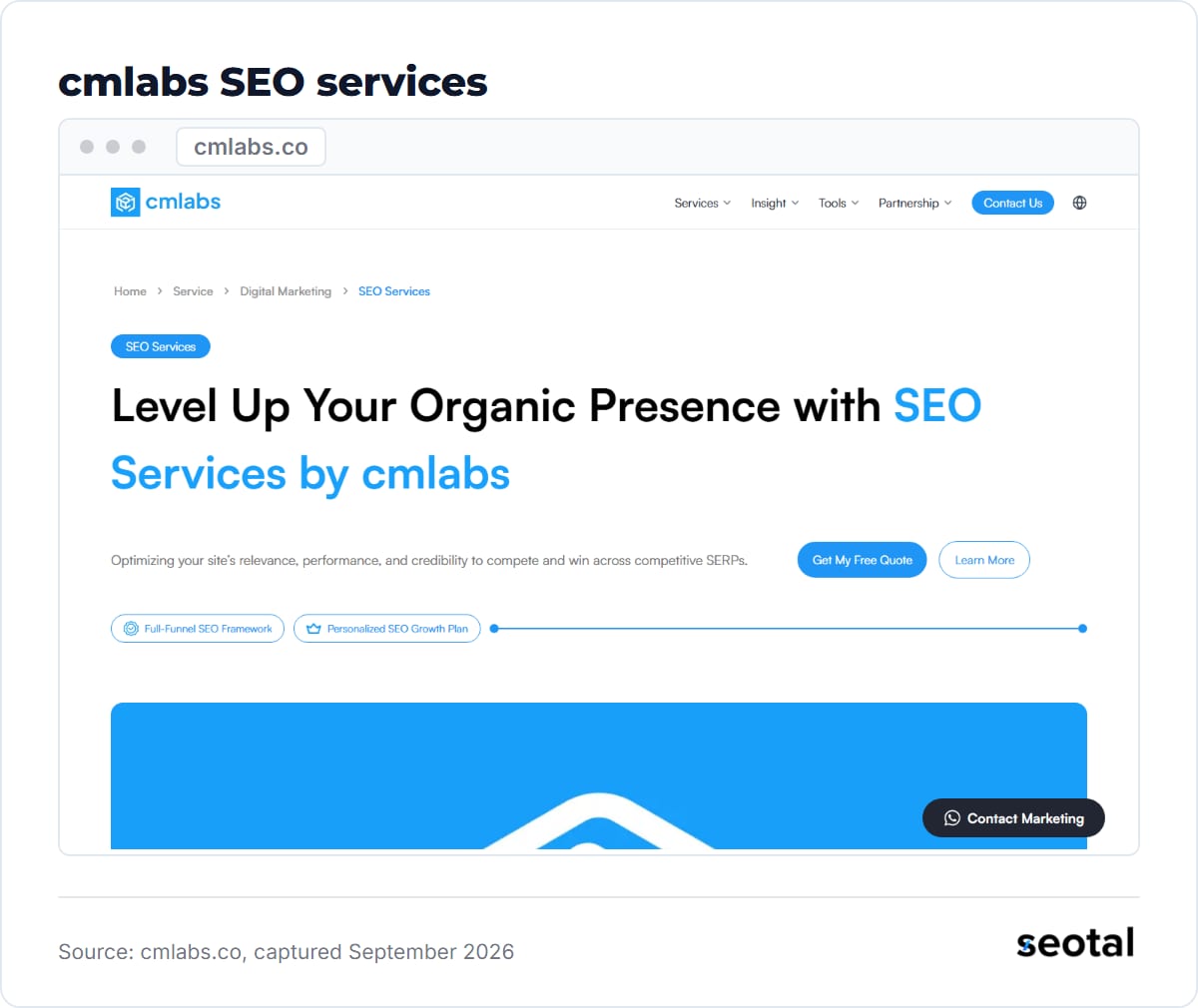 cmlabs SEO services page with the headline Level Up Your Organic Presence with SEO Services by cmlabs