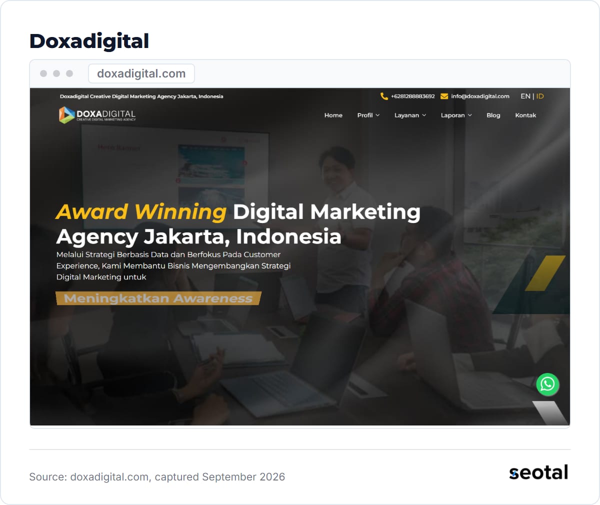 Doxadigital homepage headline Award Winning Digital Marketing Agency Jakarta, Indonesia over a photo of a team meeting