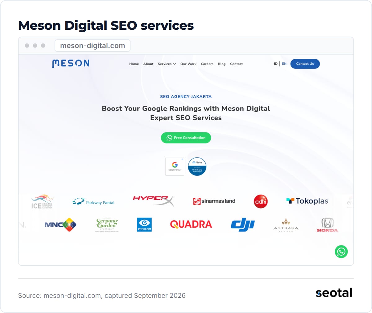 Meson Digital SEO services page headline Boost Your Google Rankings with Meson Digital Expert SEO Services above client logos