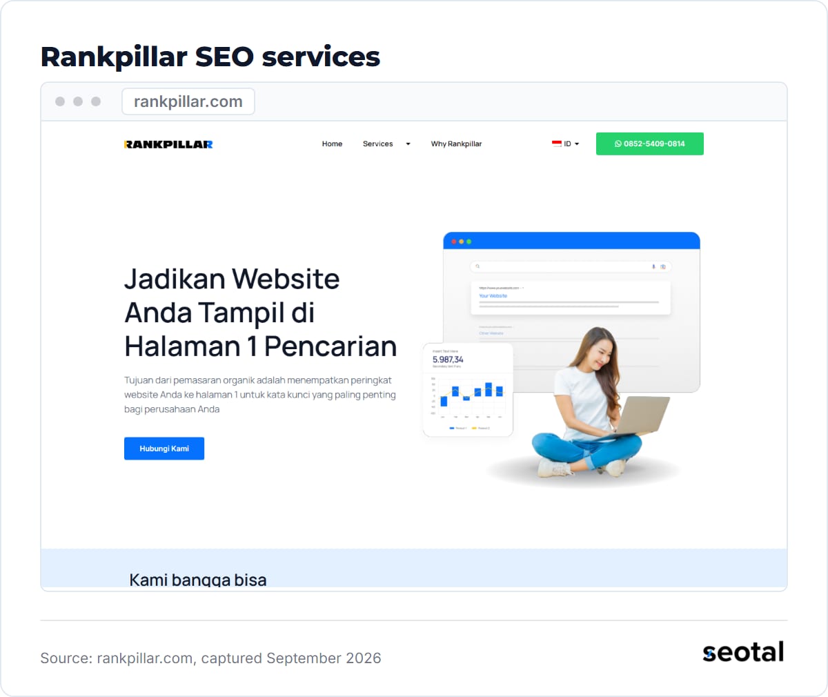 Rankpillar SEO service page headline Jadikan Website Anda Tampil di Halaman 1 Pencarian with a Hubungi Kami button