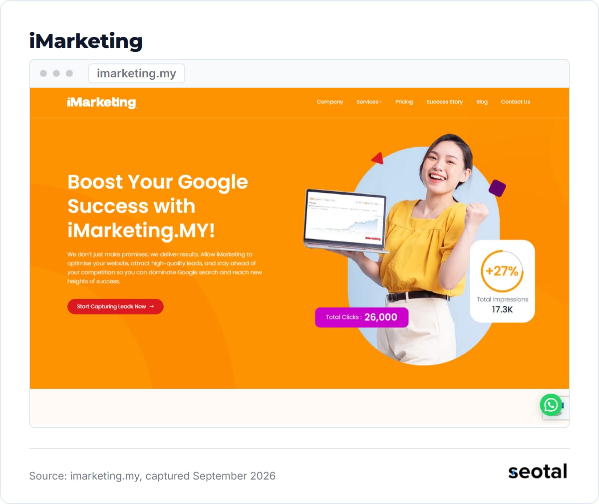 iMarketing homepage headline Boost Your Google Success with iMarketing.MY on an orange background