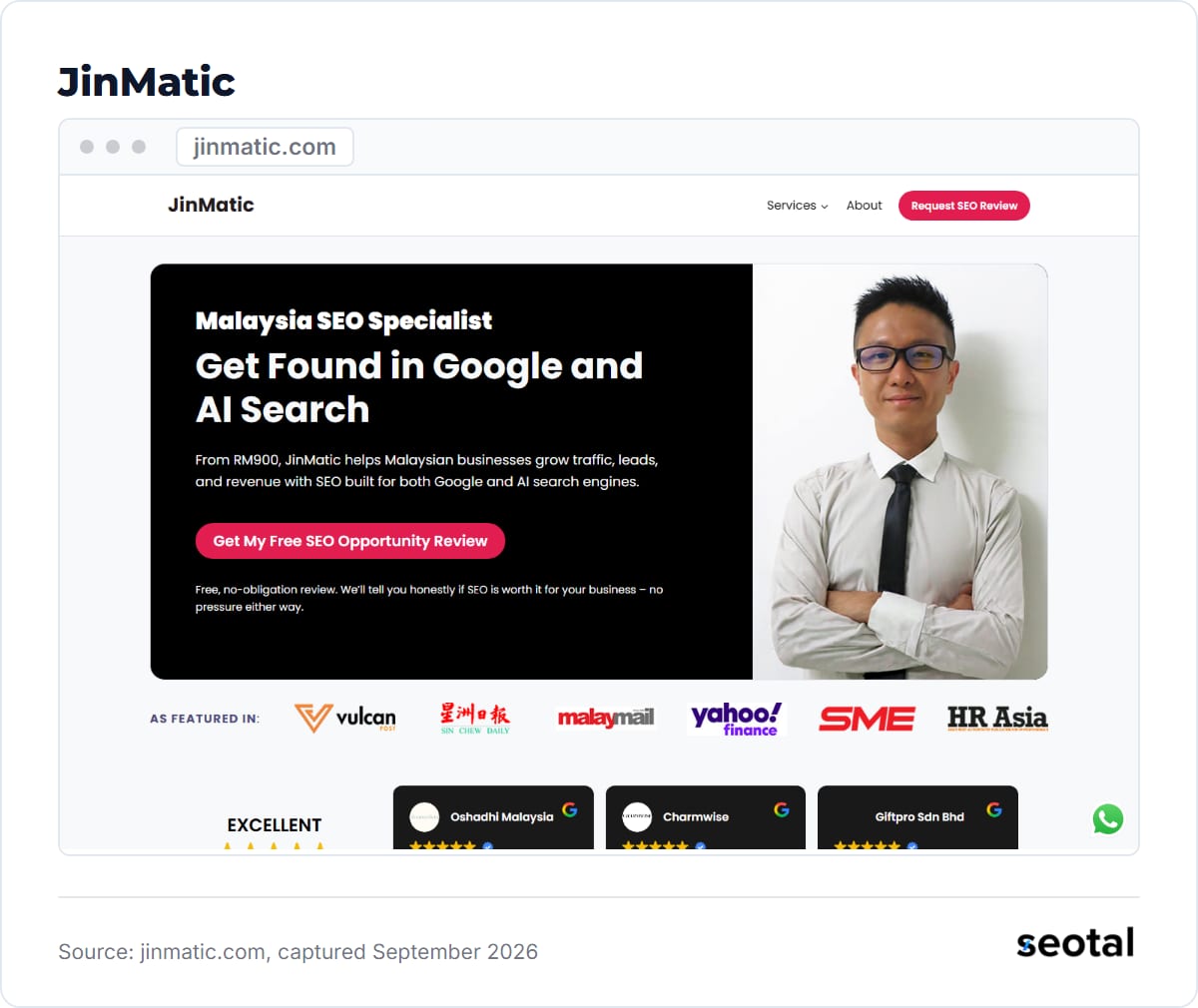 JinMatic homepage headline Malaysia SEO Specialist Get Found in Google and AI Search with a photo of founder Terence Lim