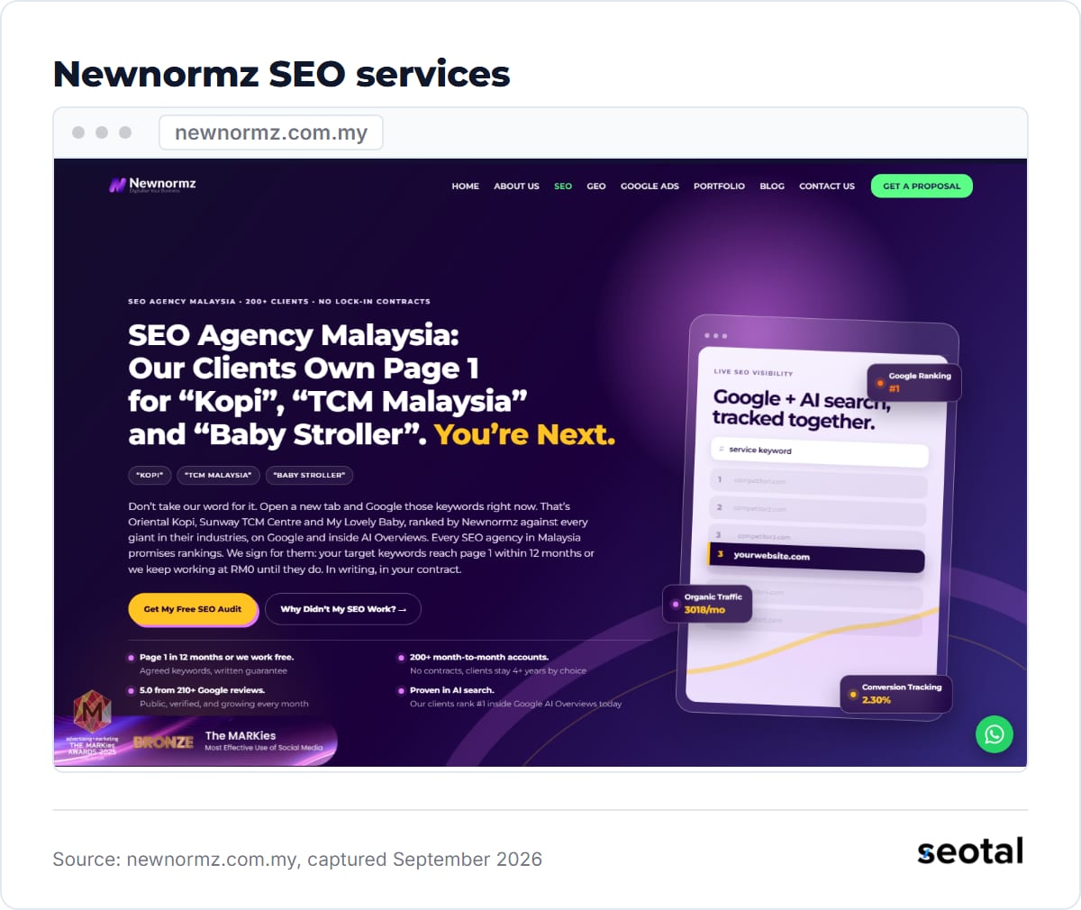 Newnormz SEO page headline Our Clients Own Page 1 for Kopi, TCM Malaysia and Baby Stroller