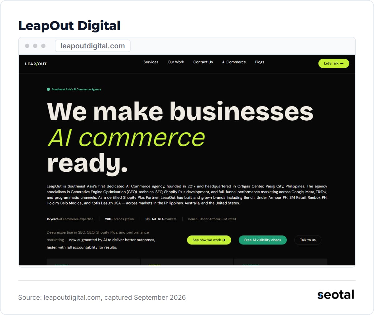 LeapOut Digital homepage at leapoutdigital.com, captured September 2026