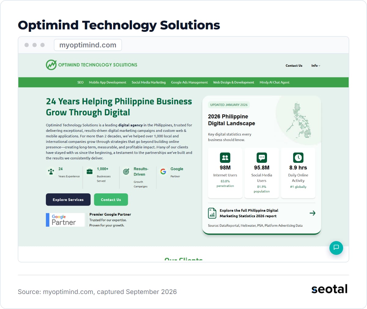 Optimind Technology Solutions homepage at myoptimind.com, captured September 2026