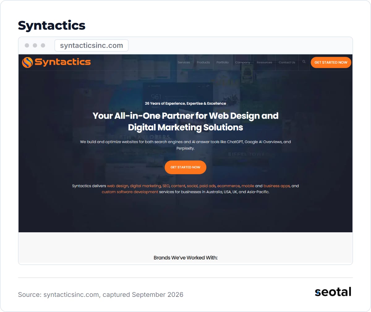 Syntactics homepage at syntacticsinc.com, captured September 2026