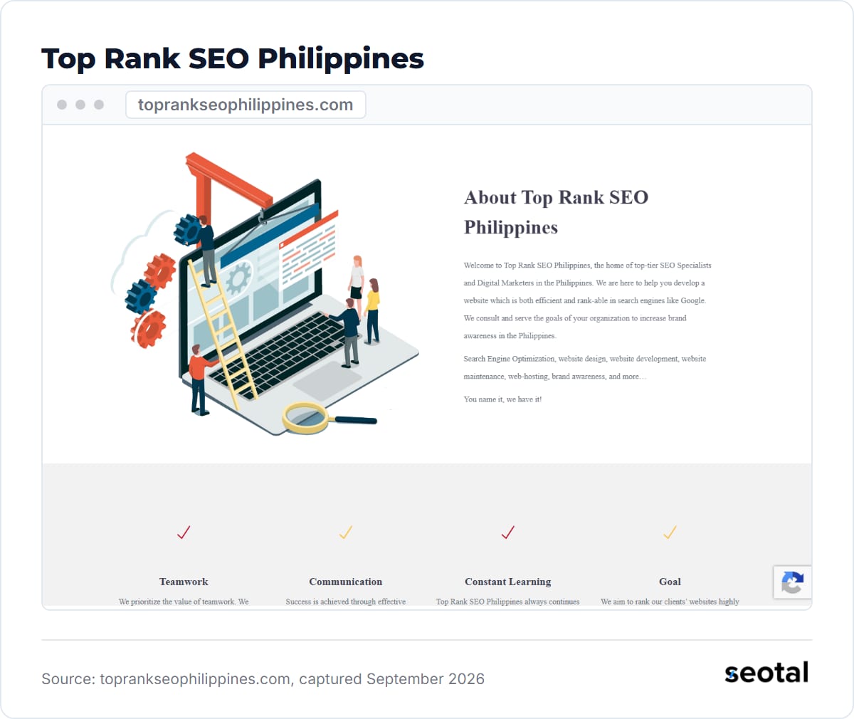 Top Rank SEO Philippines about page at toprankseophilippines.com, captured September 2026