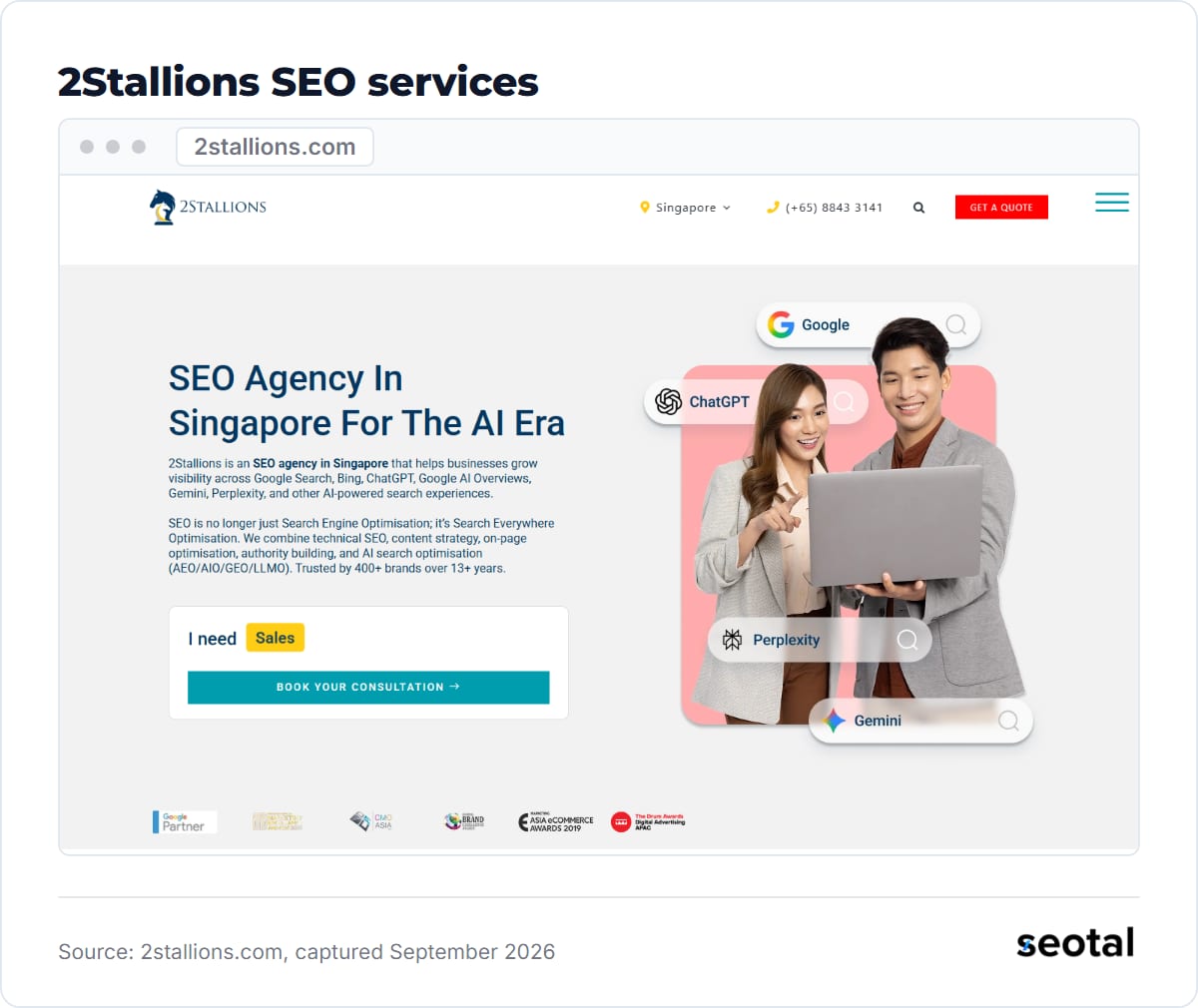 2Stallions page headline SEO Agency In Singapore For The AI Era with Google, ChatGPT, Perplexity and Gemini search bars