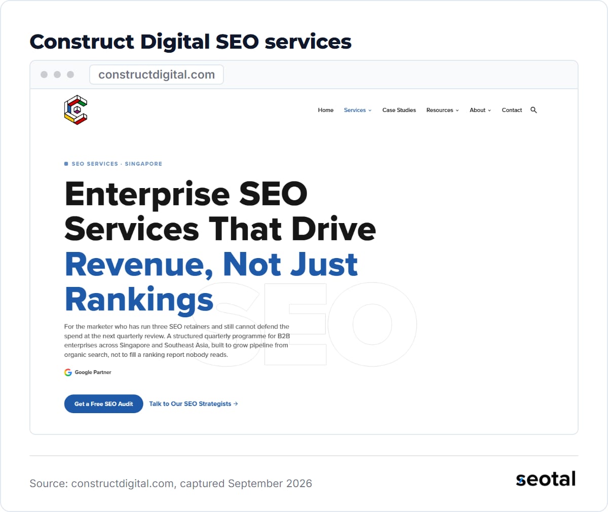 Construct Digital SEO page headline Enterprise SEO Services That Drive Revenue, Not Just Rankings