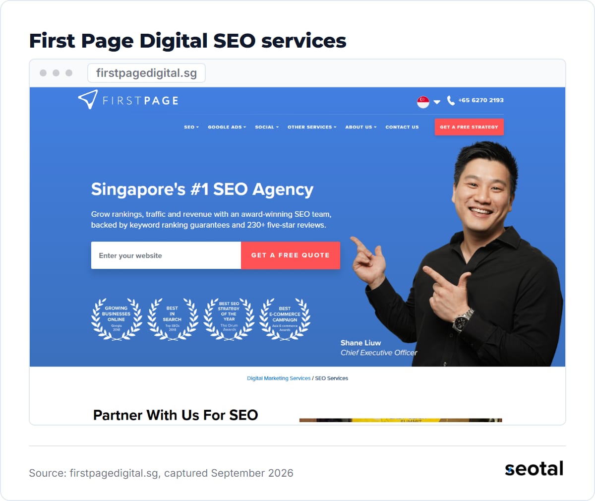 First Page Digital SEO page headline Singapore's #1 SEO Agency with a Get A Free Quote button and award laurels