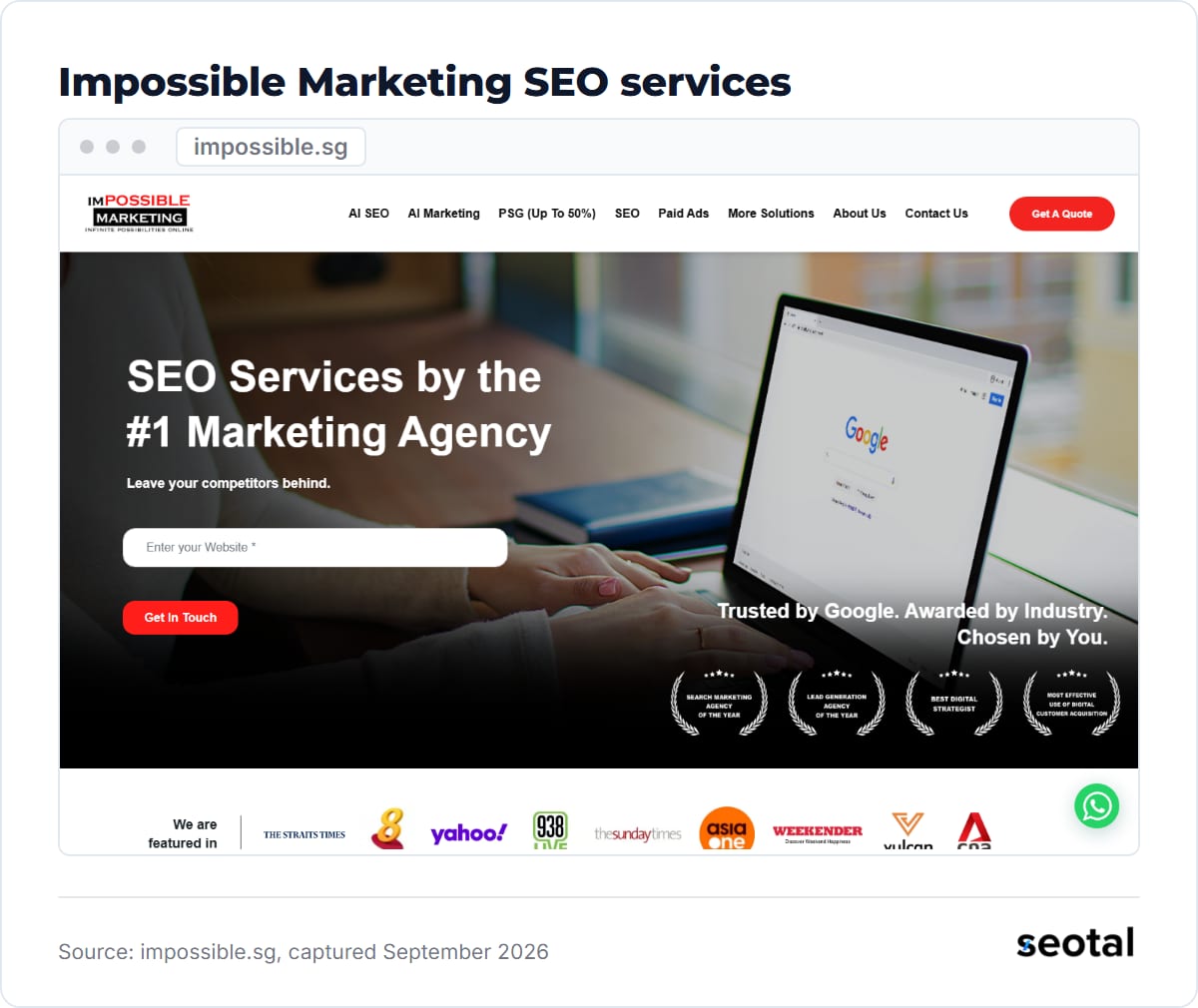 Impossible Marketing SEO page headline SEO Services by the #1 Marketing Agency with four award laurels