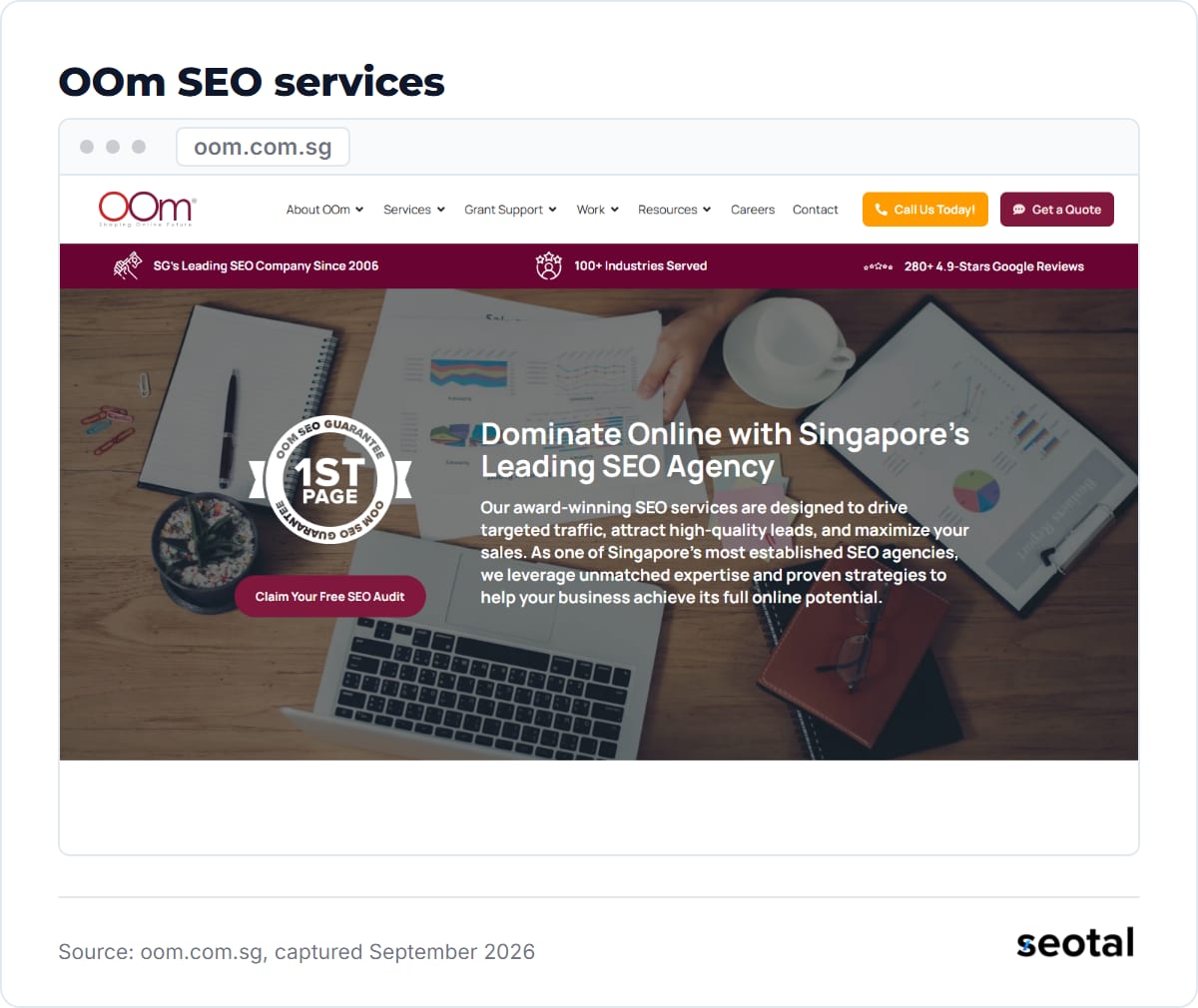 OOm SEO page headline Dominate Online with Singapore's Leading SEO Agency beside a 1st Page guarantee badge