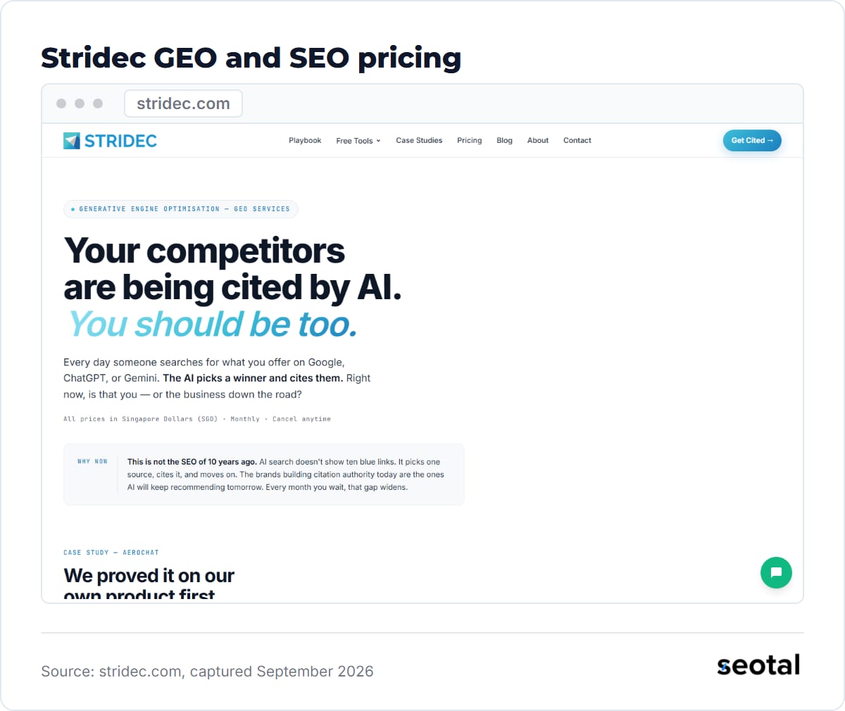 Stridec GEO services page headline Your competitors are being cited by AI. You should be too.