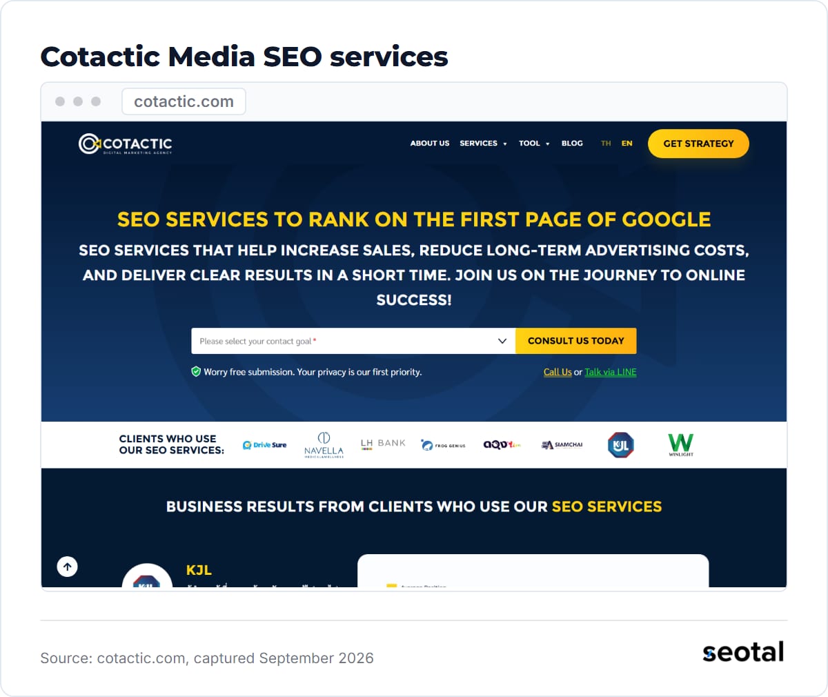 Cotactic SEO page headline SEO Services to Rank on the First Page of Google above a row of client logos including KJL