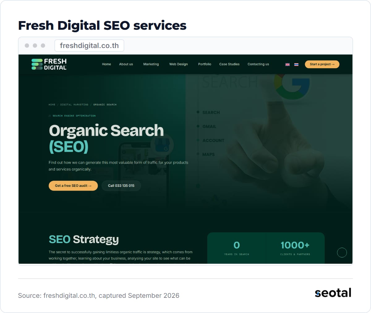 Fresh Digital SEO page headline Organic Search (SEO) with Get a free SEO audit and Call 033 135 015 buttons