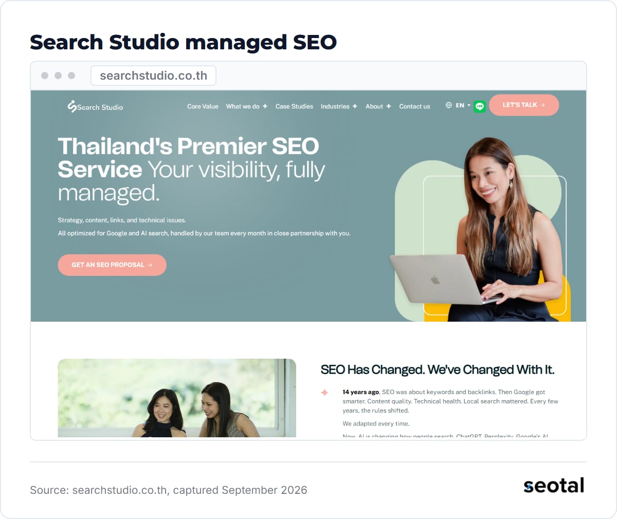 Search Studio managed SEO page headline Thailand's Premier SEO Service, Your visibility, fully managed, with a Get An SEO Proposal button
