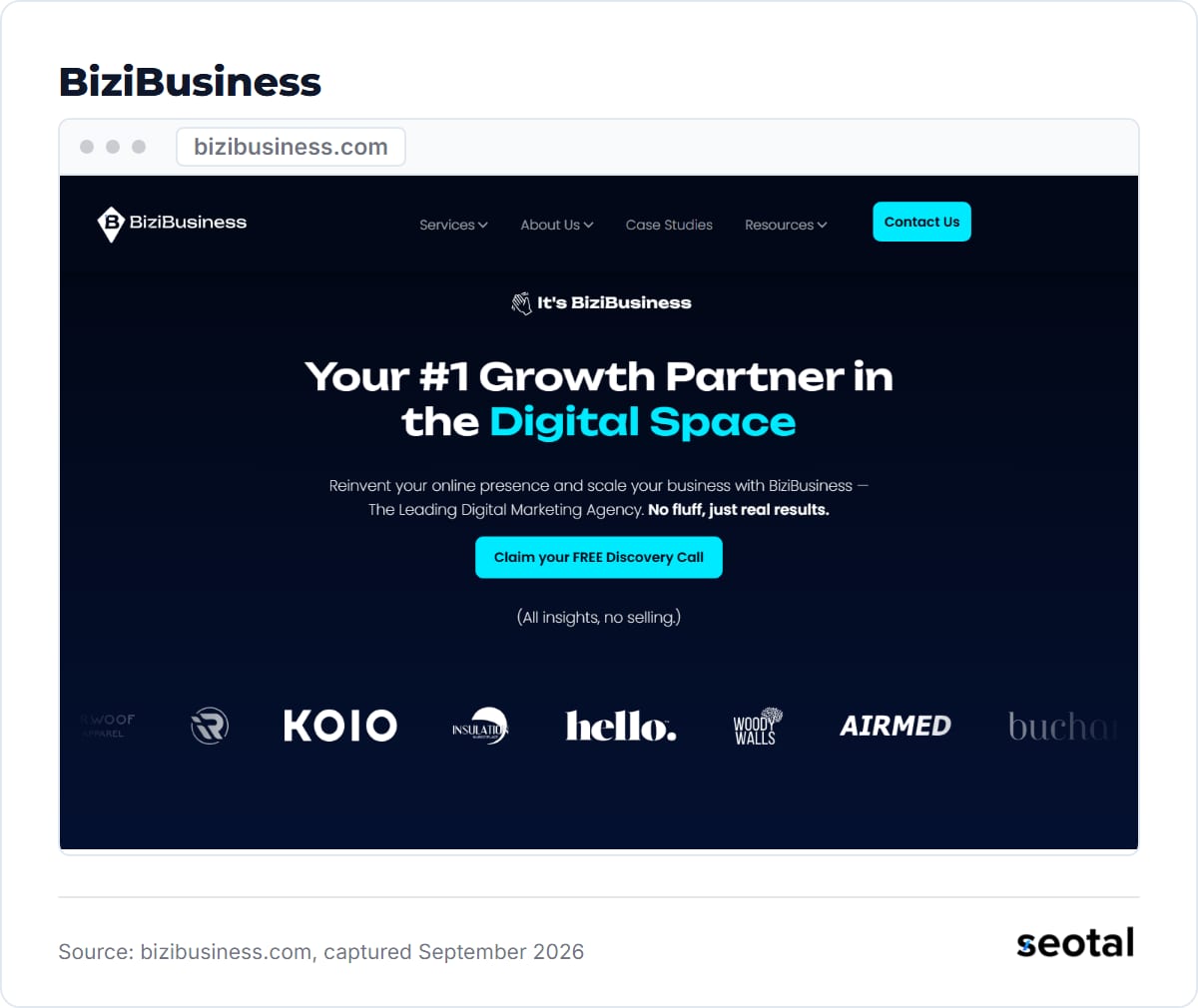 BiziBusiness homepage headline Your #1 Growth Partner in the Digital Space above a row of client logos