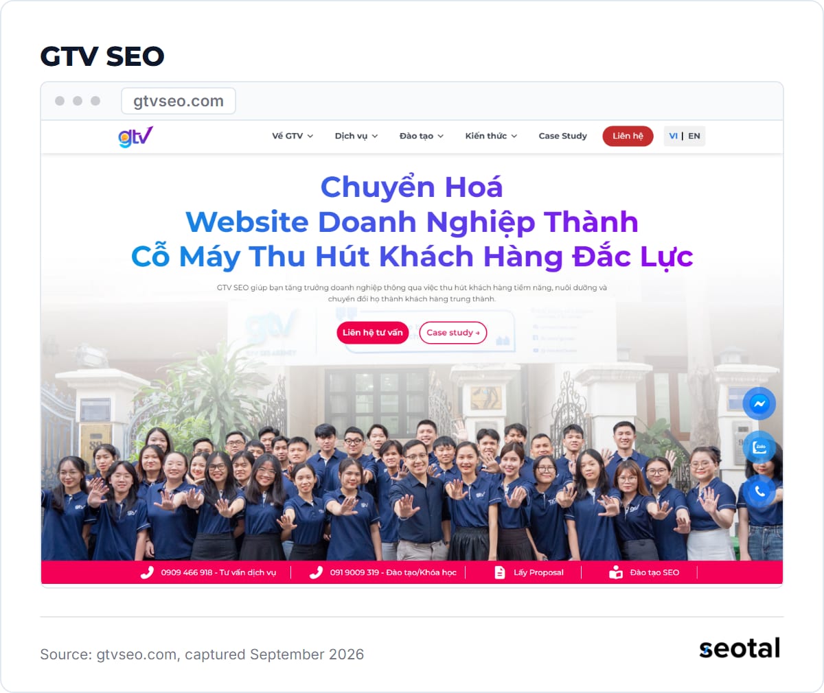 GTV SEO homepage with a Vietnamese headline and a photo of its team outside the office