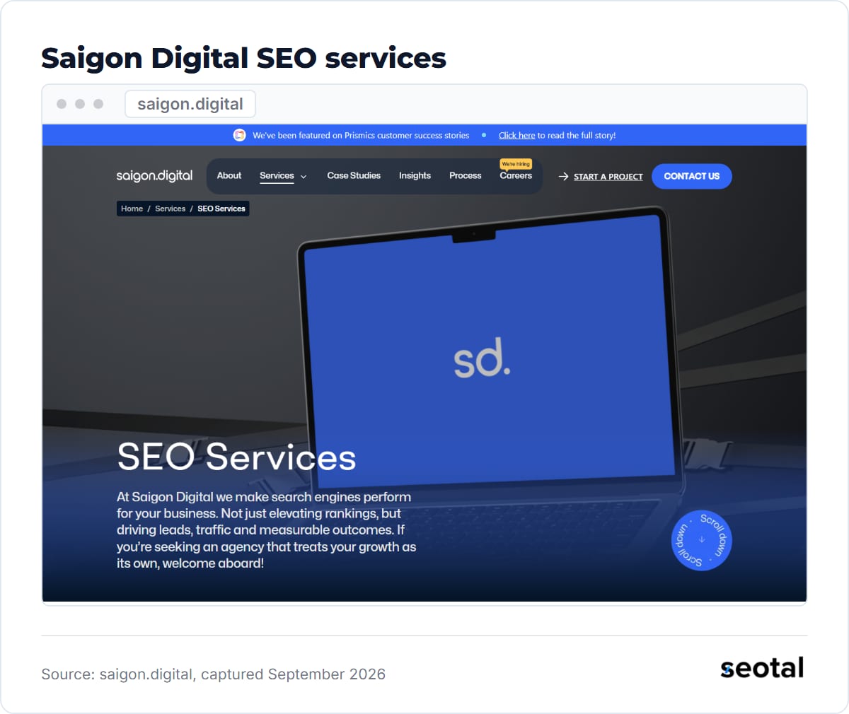 Saigon Digital SEO services page with a laptop showing the sd logo