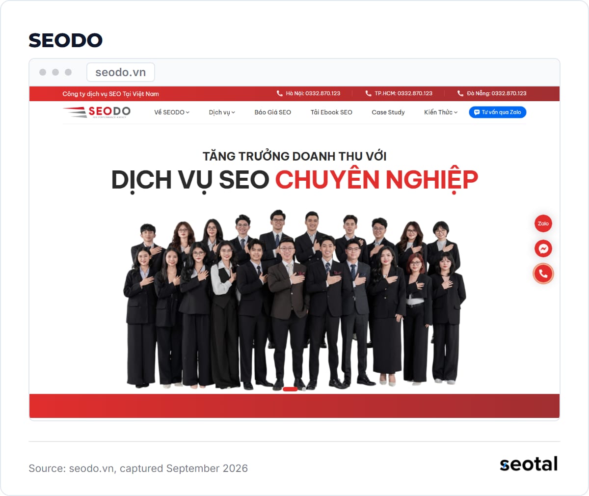 SEODO homepage with a Vietnamese headline about professional SEO services above a photo of its team