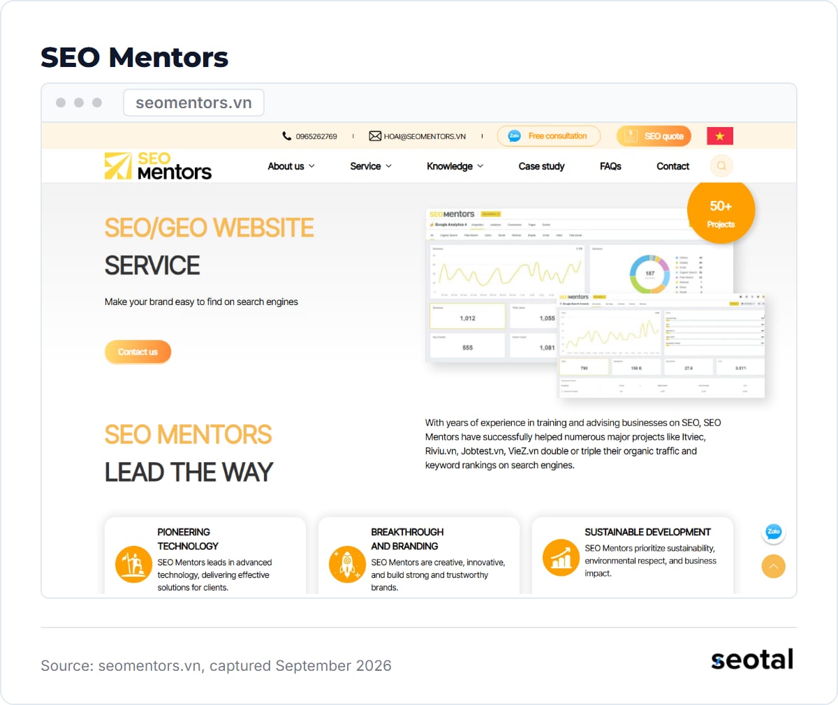 SEO Mentors English homepage advertising its SEO and GEO website service and 50+ projects