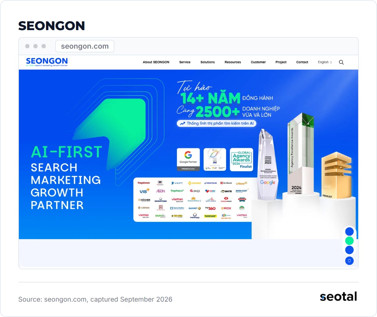 SEONGON homepage showing its Google Premier Partner badge, a 2024 Google Agency Excellence award and client logos