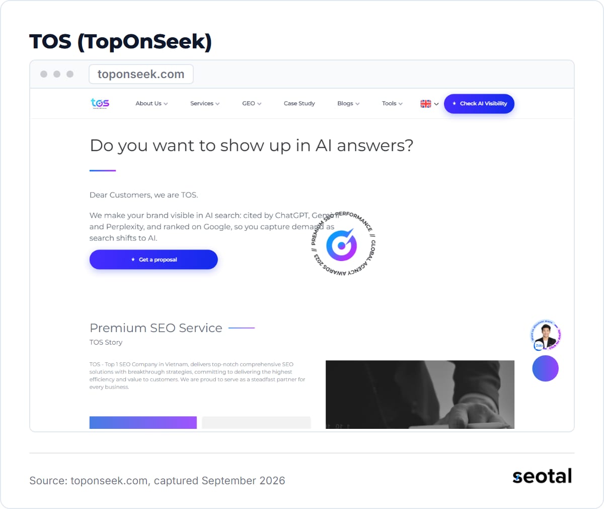 TOS homepage asking visitors whether they want to show up in AI answers, with a Get a proposal button
