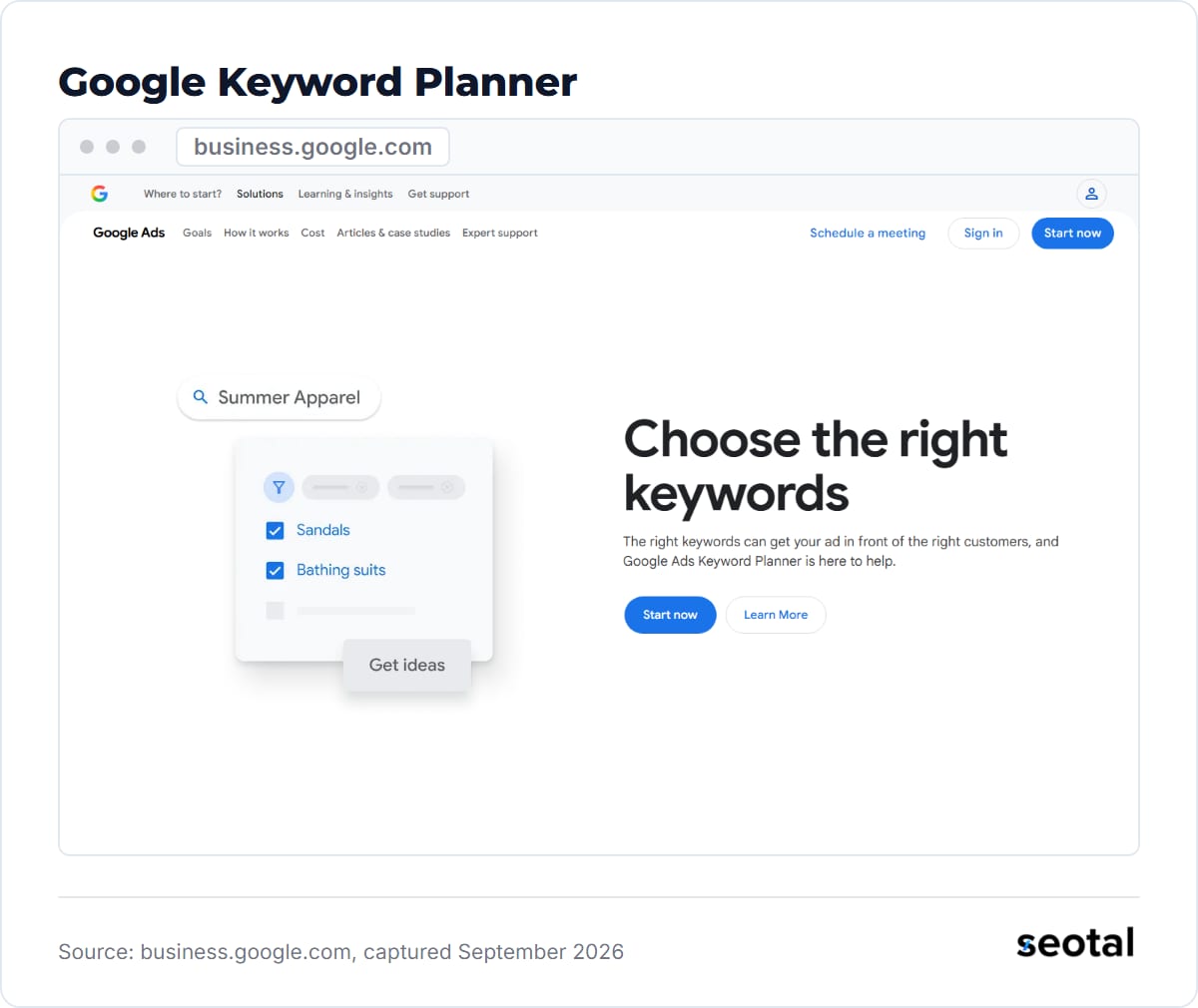 Google Ads Keyword Planner product page with the headline Choose the right keywords and a Start now button