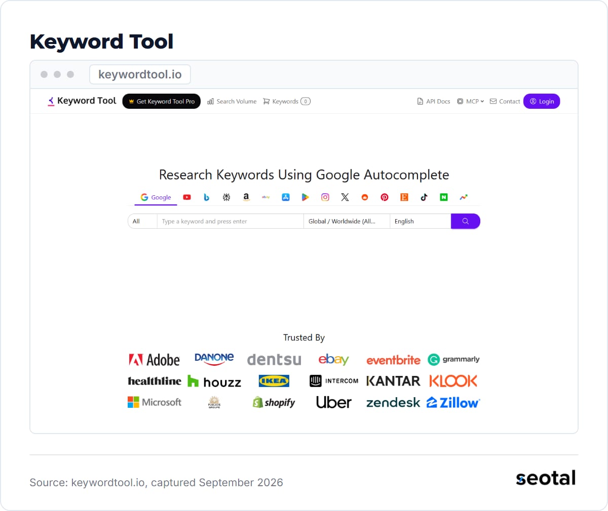 Keyword Tool homepage headline Research Keywords Using Google Autocomplete with a keyword box, a country menu and a language menu